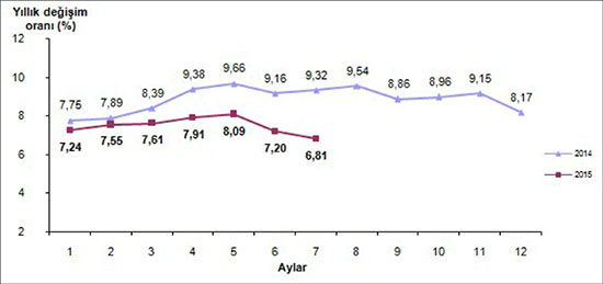 Tüketici fiyat endeksi (2003=100), Temmuz 2015