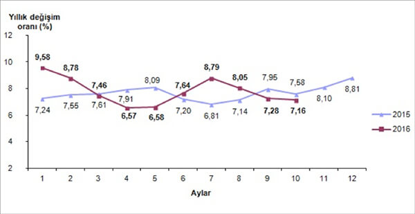 Tüketici fiyat endeksi (2003=100), Ekim 2016