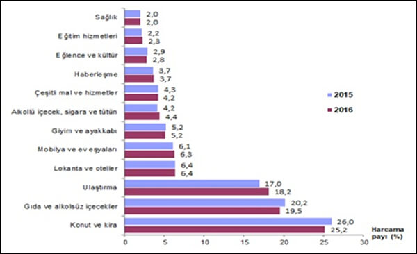 Harcama türlerine göre hanehalkı tüketim harcamalarının dağılımı, 2015, 2016