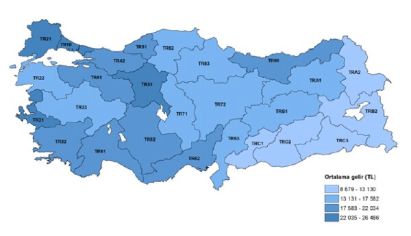 Ortalama yıllık eşdeğer hanehalkı kullanılabilir fert geliri, İBBS 2. Düzey, 2016