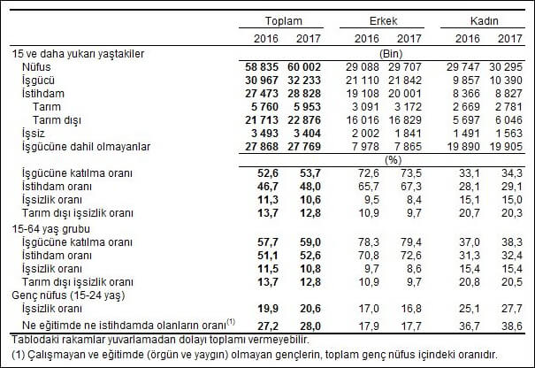 Mevsim etkilerinden arındırılmamış temel işgücü göstergeleri, Ağustos 2016, Ağustos 2017