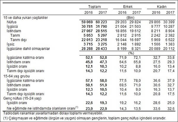 Mevsim etkilerinden arındırılmamış temel işgücü göstergeleri, Kasım 2016, Kasım 2017